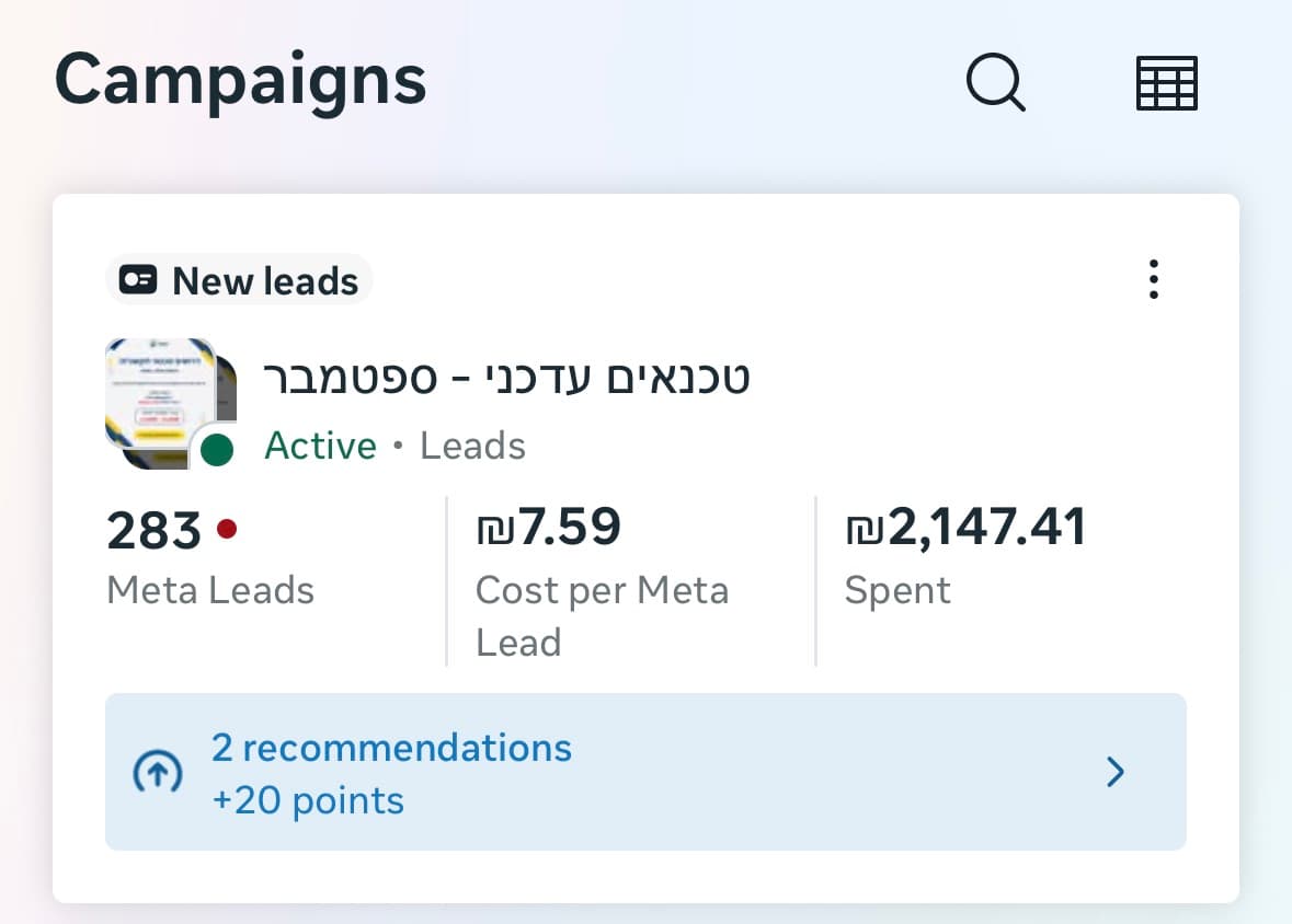 תצוגת קמפיינים ב-Meta